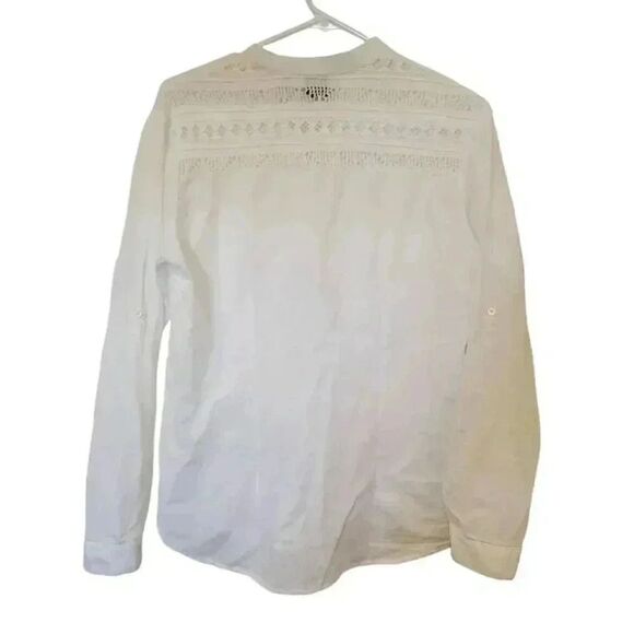 AO Aho Po'I Raity Women's White Cotton Button Down Top w Set In Lace Accents - Picture 8 of 13